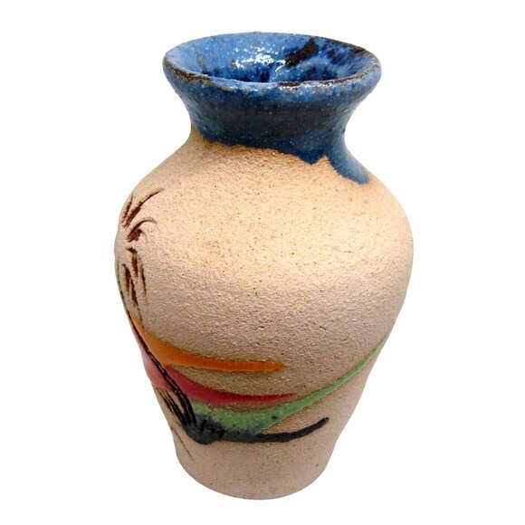 Handcrafted Jamaican Marblestone Vase with Blue Glaze Rim Engraved Palm Tree Vtg - Picture 2 of 5